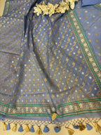 Blue Pure Cotton Banarasi Three Piece Unstitched Suit Set - Luxurion World
