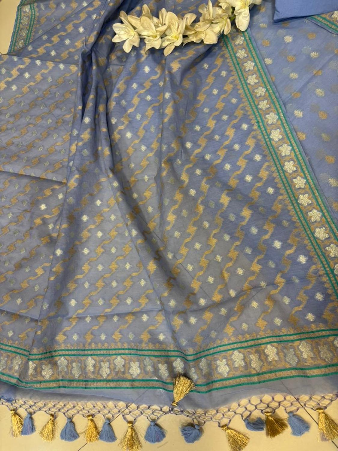 Blue Pure Cotton Banarasi Three Piece Unstitched Suit Set - Luxurion World