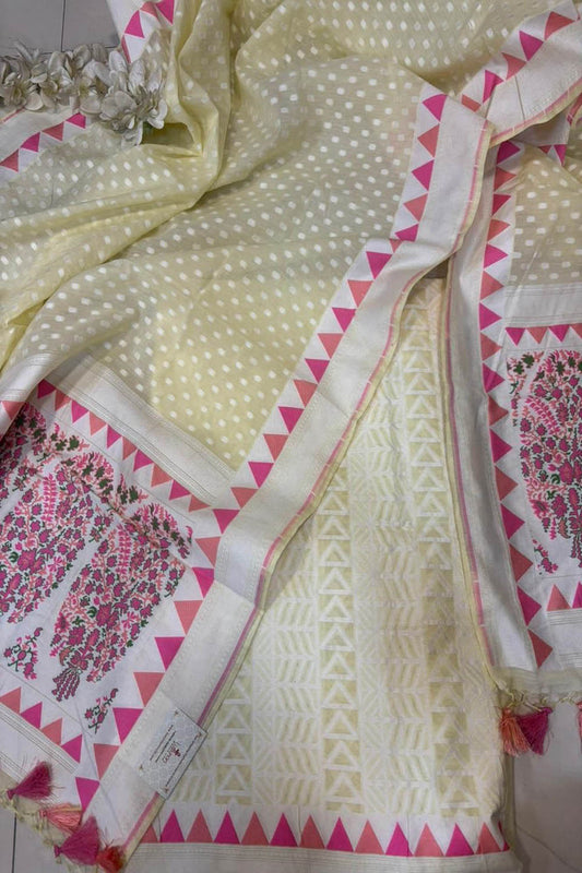 Pastel Pure Cotton Banarasi Three Piece Unstitched Suit Set - Luxurion World