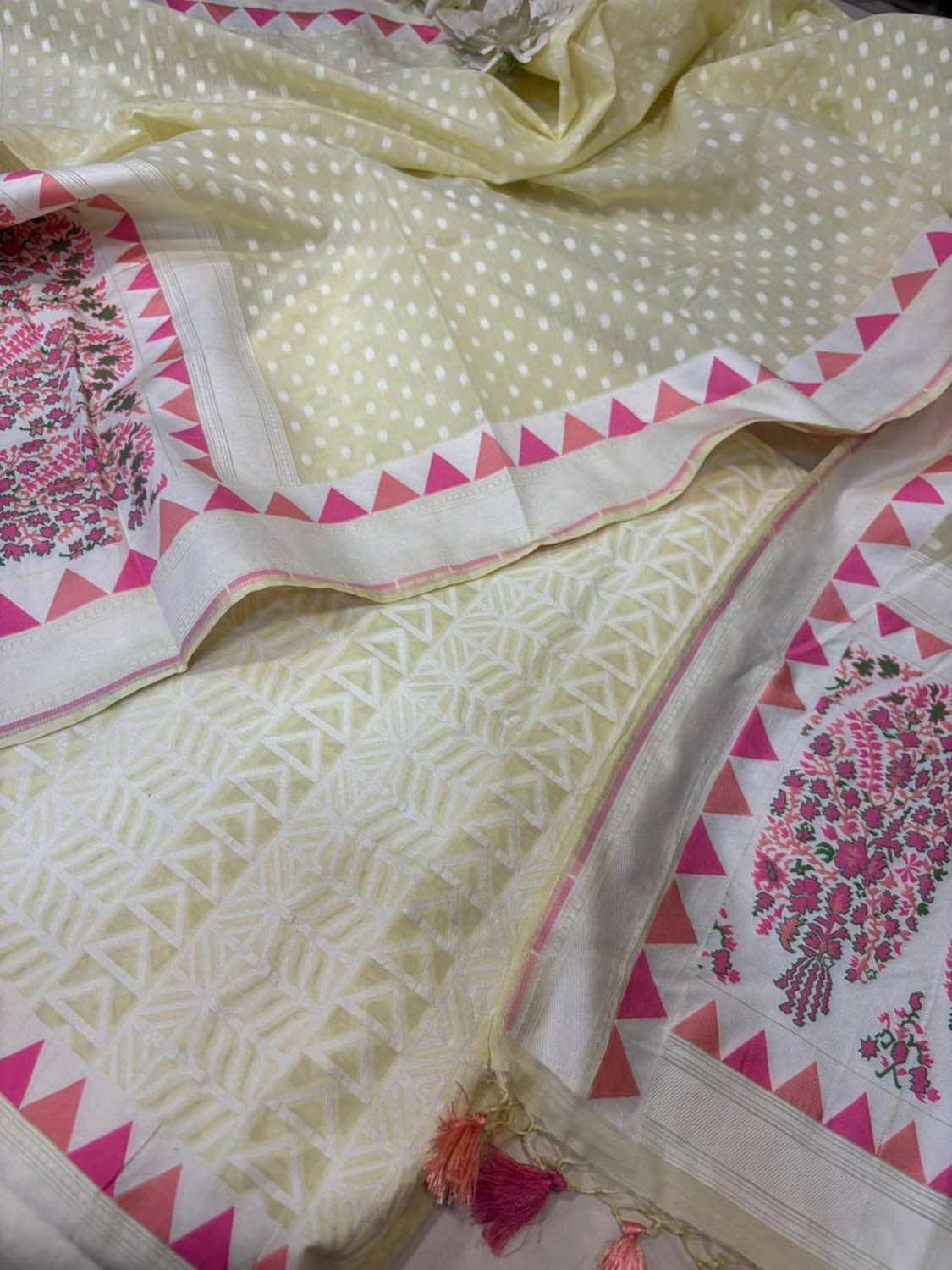 Pastel Pure Cotton Banarasi Three Piece Unstitched Suit Set - Luxurion World