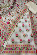 Stunning Off White Pure Cotton Banarasi Three Piece Unstitched Suit Set - Luxurion World