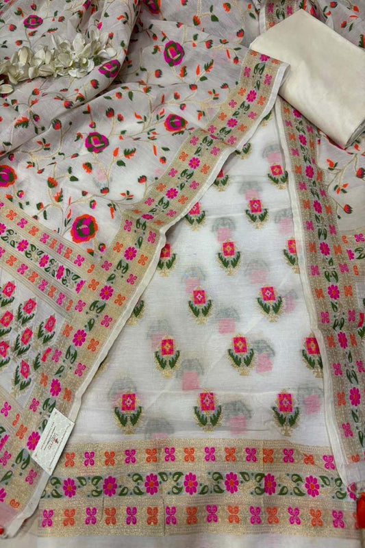 Stunning Off White Pure Cotton Banarasi Three Piece Unstitched Suit Set - Luxurion World