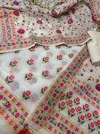 Stunning Off White Pure Cotton Banarasi Three Piece Unstitched Suit Set - Luxurion World