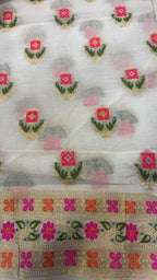 Stunning Off White Pure Cotton Banarasi Three Piece Unstitched Suit Set - Luxurion World