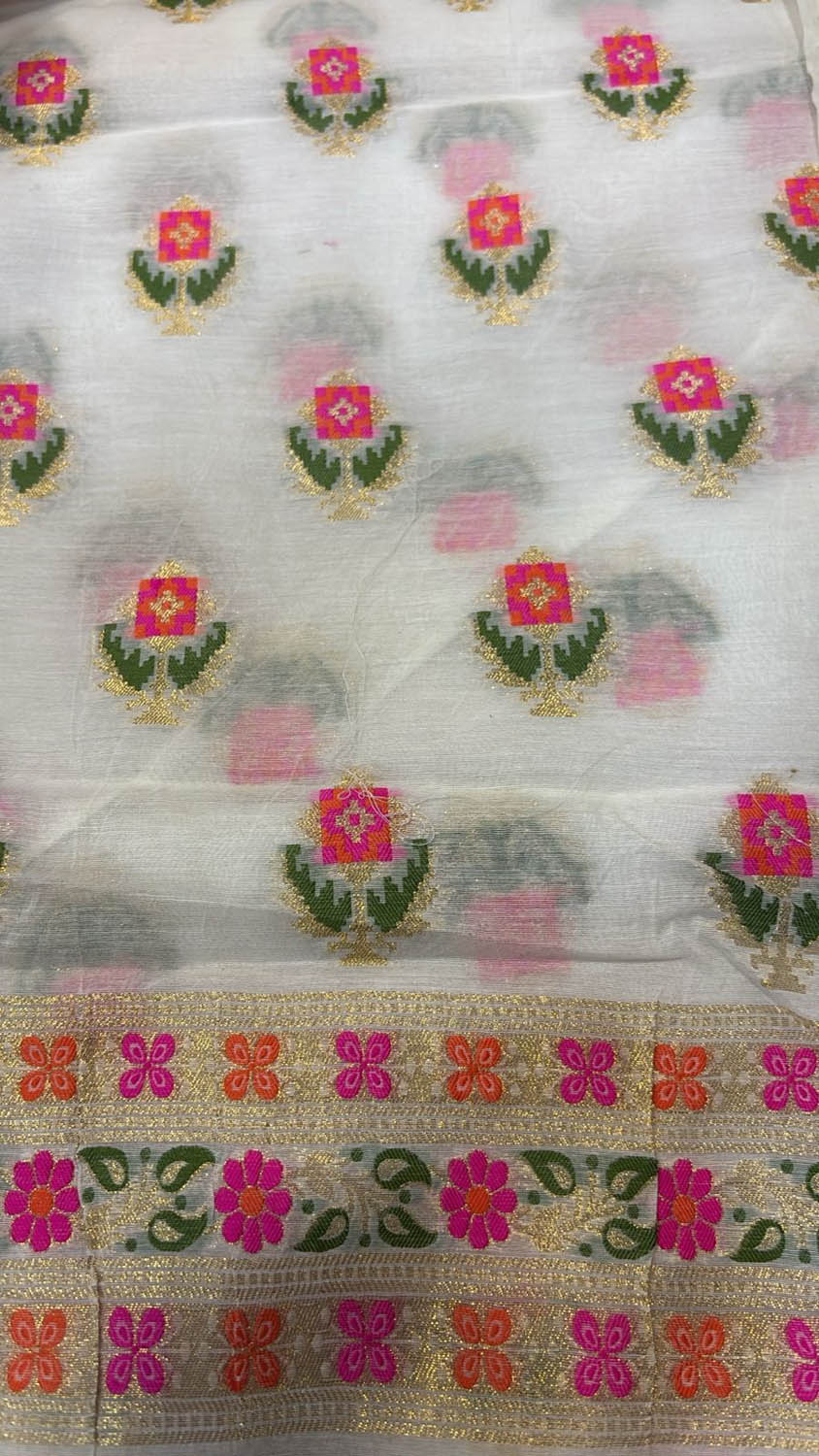 Stunning Off White Pure Cotton Banarasi Three Piece Unstitched Suit Set - Luxurion World