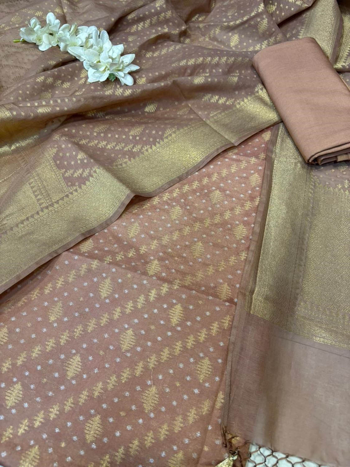 Pastel Pure Cotton Banarasi Three Piece Unstitched Suit Set - Luxurion World