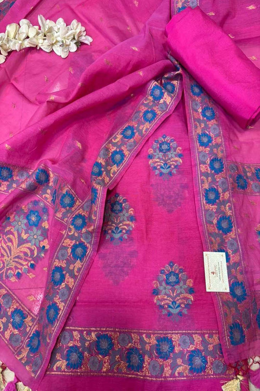 Pretty in Pink: Pure Cotton Banarasi Three Piece Unstitched Suit Set - Luxurion World