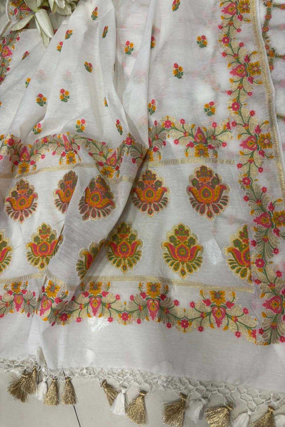 Dyeable Pure Cotton Banarasi Handloom Meenakari Unstitched Three Piece Suit Set - Luxurion World