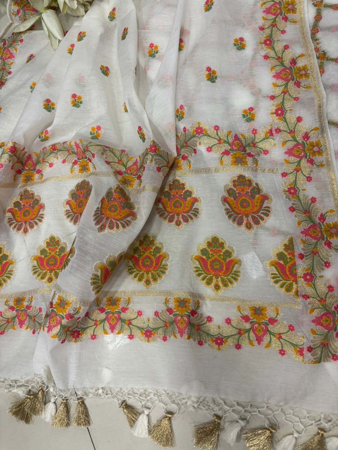 Dyeable Pure Cotton Banarasi Handloom Meenakari Unstitched Three Piece Suit Set - Luxurion World