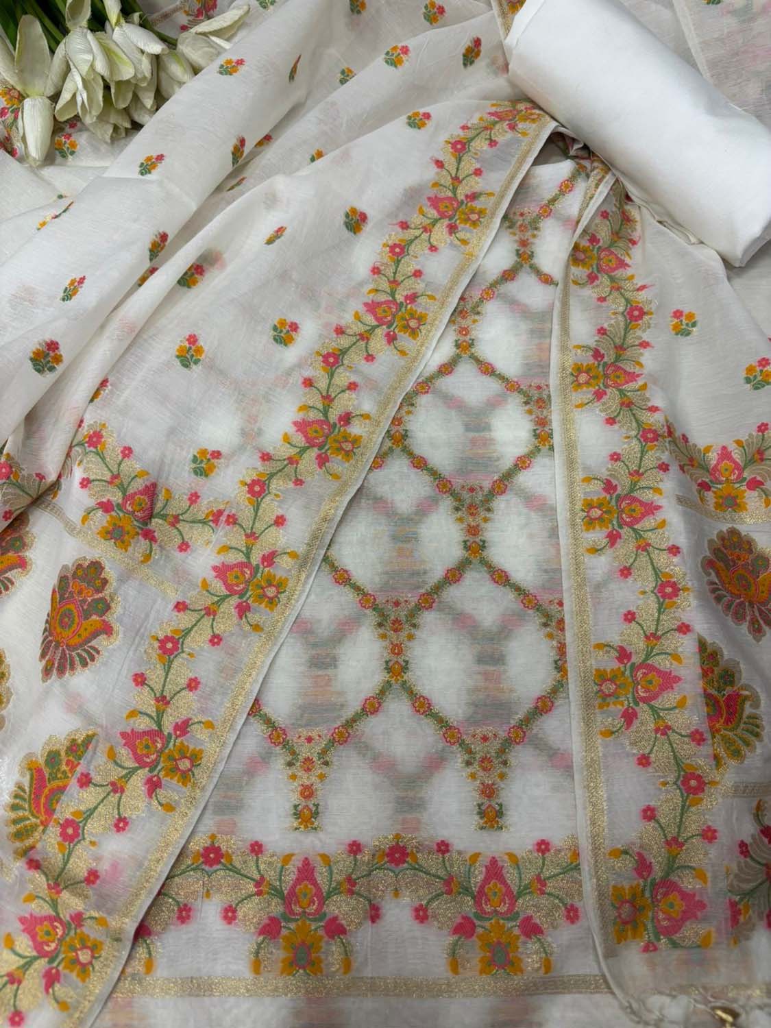 Dyeable Pure Cotton Banarasi Handloom Meenakari Unstitched Three Piece Suit Set - Luxurion World