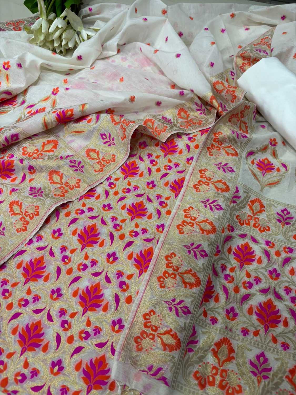 Dyeable Pure Cotton Banarasi Handloom Meenakari Unstitched Three Piece Suit Set - Luxurion World