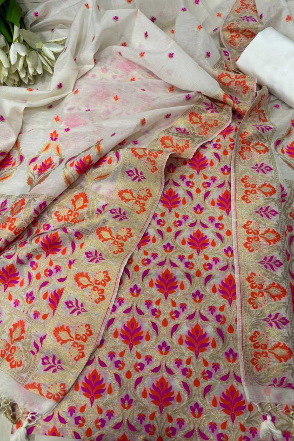 Dyeable Pure Cotton Banarasi Handloom Meenakari Unstitched Three Piece Suit Set - Luxurion World