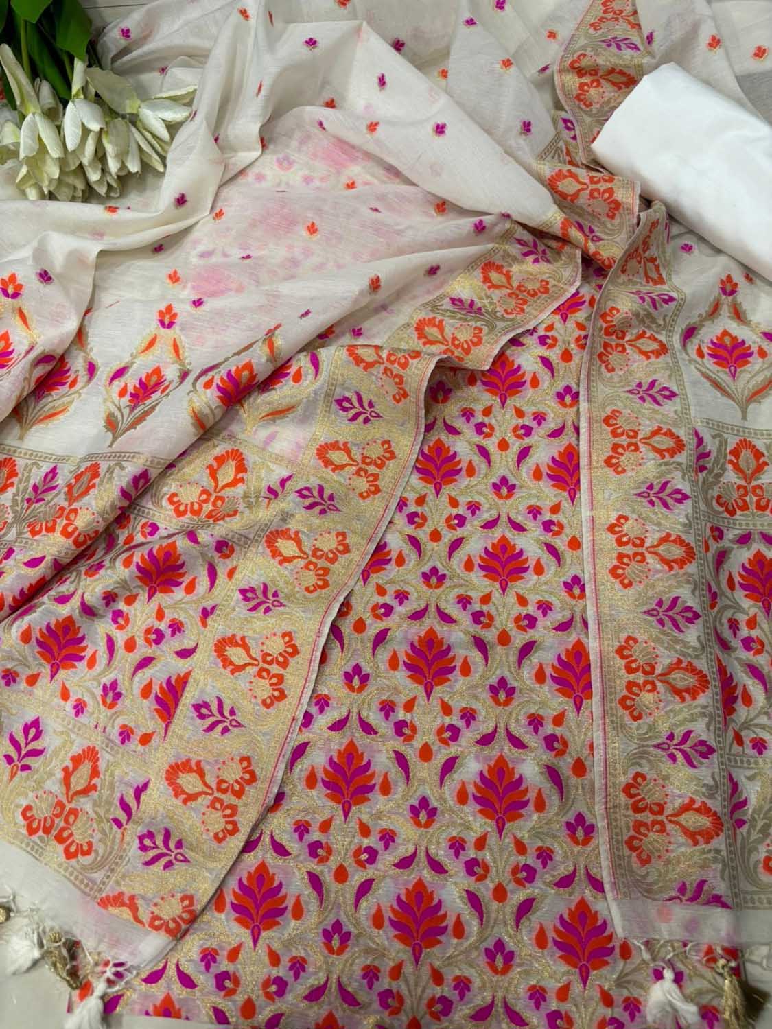 Dyeable Pure Cotton Banarasi Handloom Meenakari Unstitched Three Piece Suit Set - Luxurion World