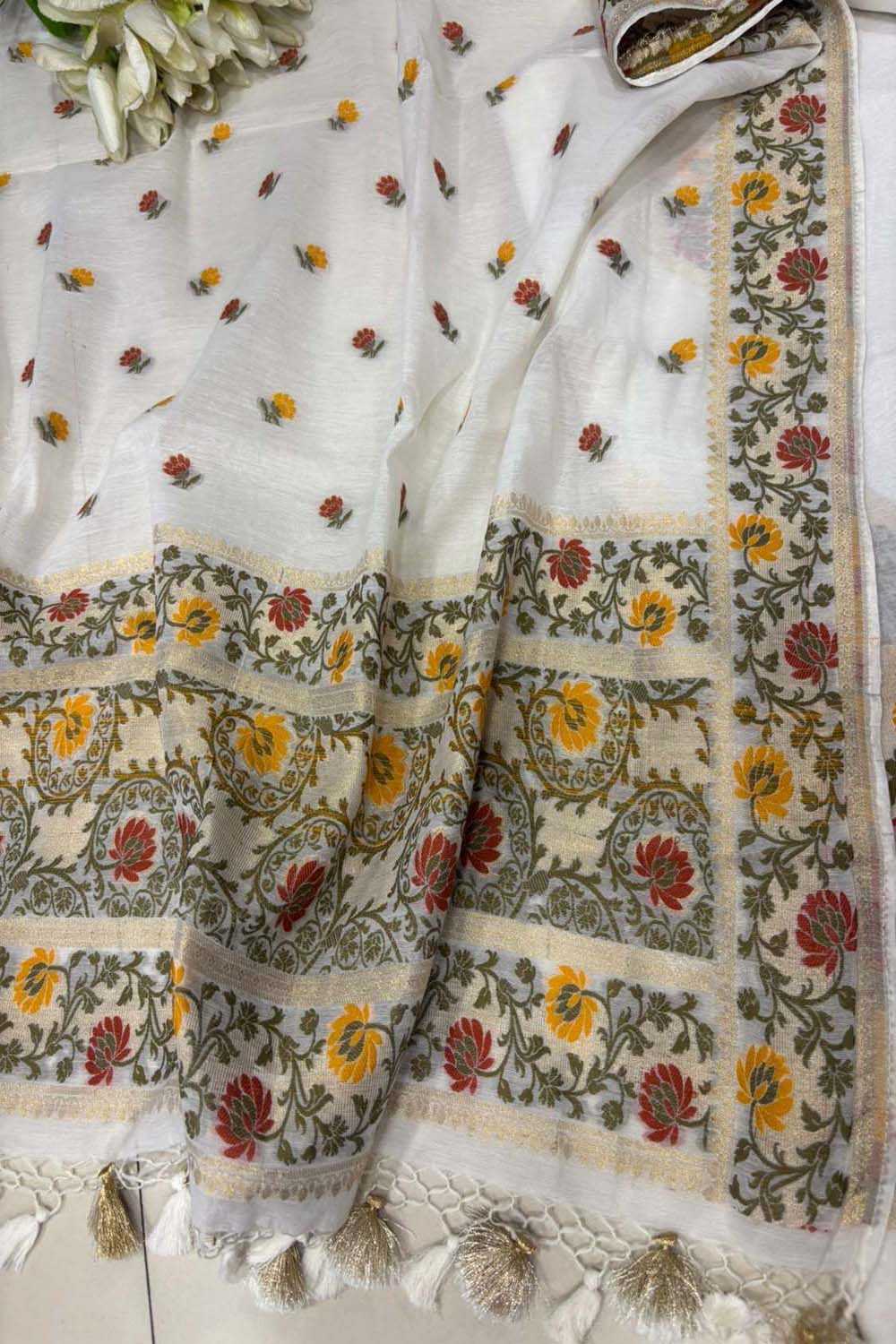 Dyeable Pure Cotton Banarasi Handloom Meenakari Unstitched Three Piece Suit Set - Luxurion World