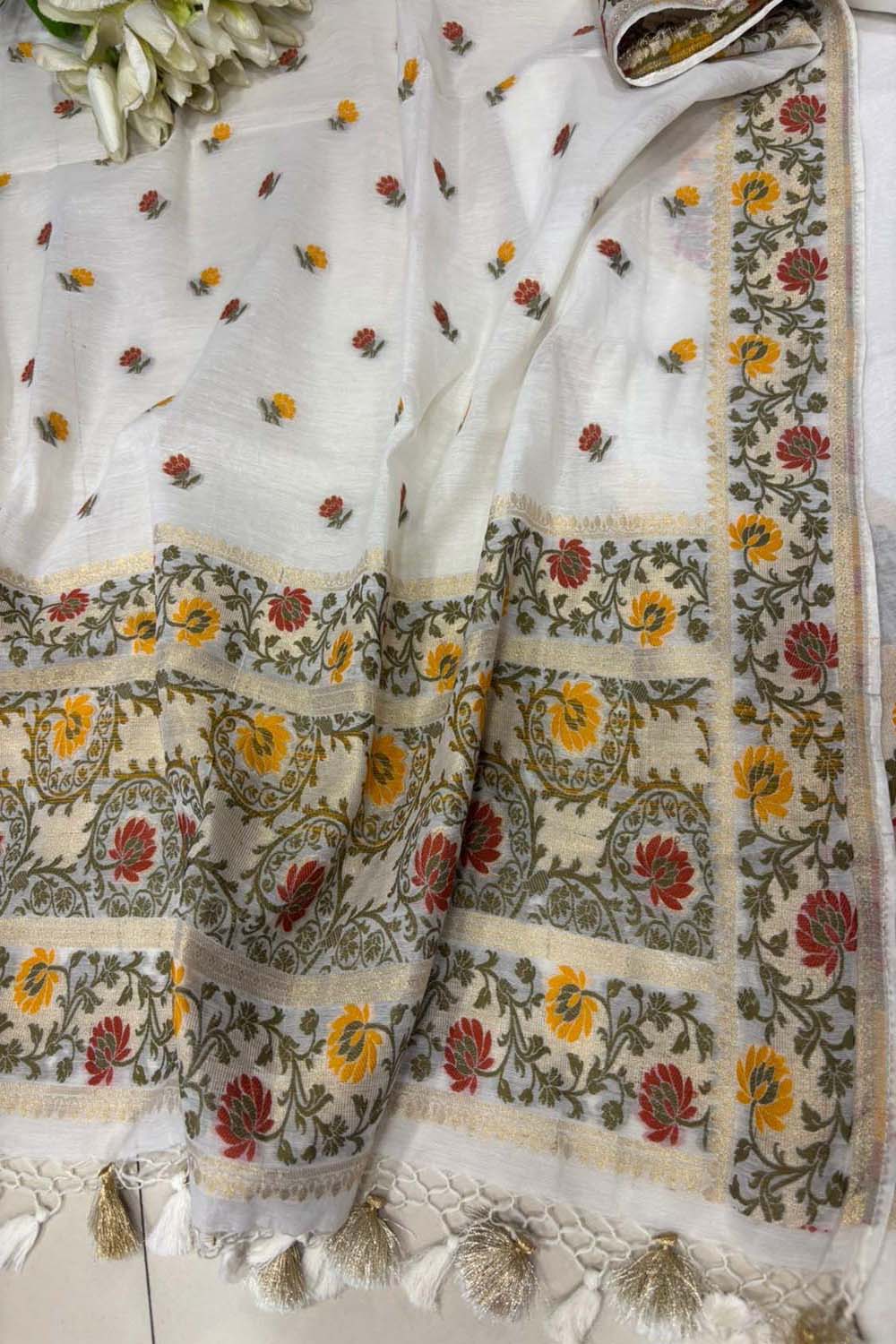 Dyeable Pure Cotton Banarasi Handloom Meenakari Unstitched Three Piece Suit Set - Luxurion World