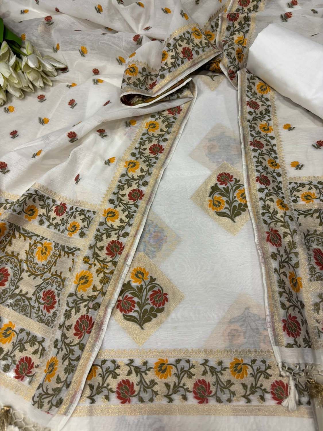 Dyeable Pure Cotton Banarasi Handloom Meenakari Unstitched Three Piece Suit Set - Luxurion World