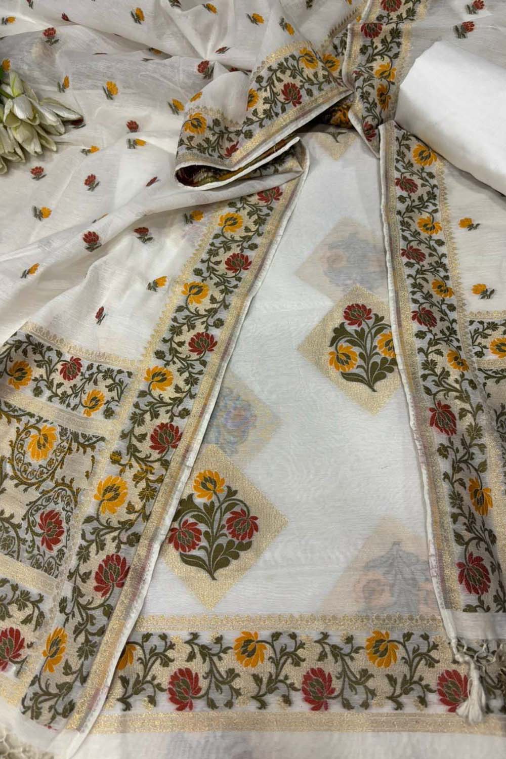 Dyeable Pure Cotton Banarasi Handloom Meenakari Unstitched Three Piece Suit Set - Luxurion World
