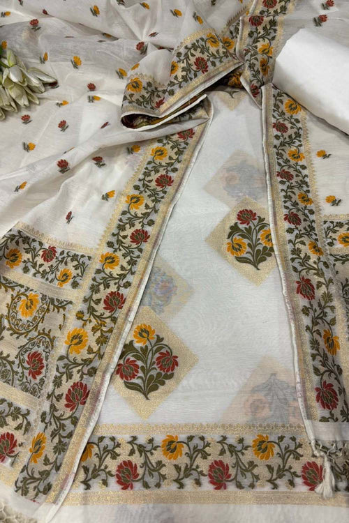 Dyeable Pure Cotton Banarasi Handloom Meenakari Unstitched Three Piece Suit Set - Luxurion World