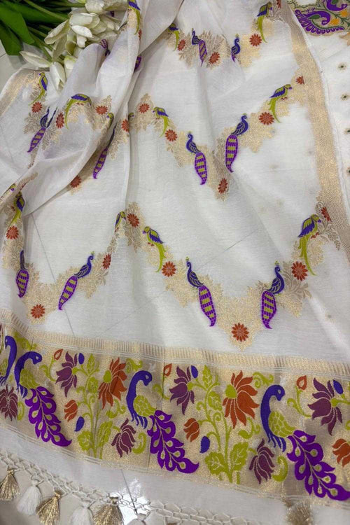 Dyeable Pure Cotton Banarasi Handloom Meenakari Unstitched Three Piece Suit Set - Luxurion World