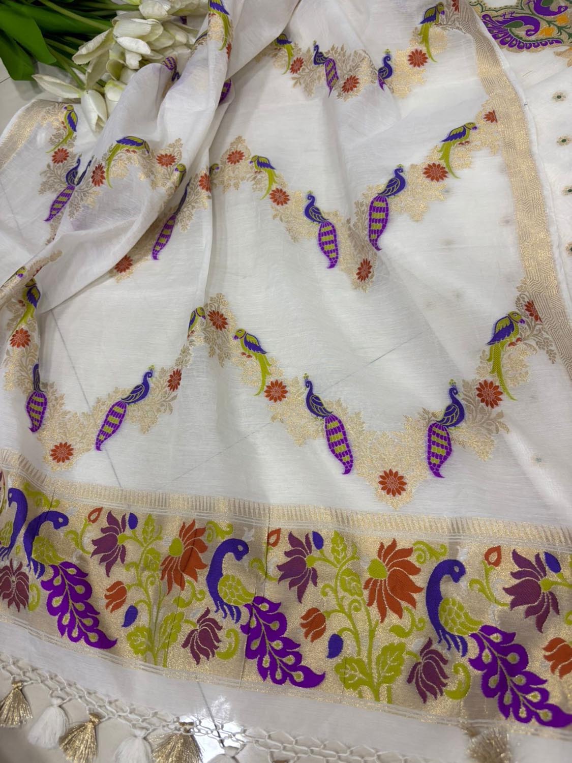 Dyeable Pure Cotton Banarasi Handloom Meenakari Unstitched Three Piece Suit Set - Luxurion World