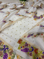 Dyeable Pure Cotton Banarasi Handloom Meenakari Unstitched Three Piece Suit Set - Luxurion World