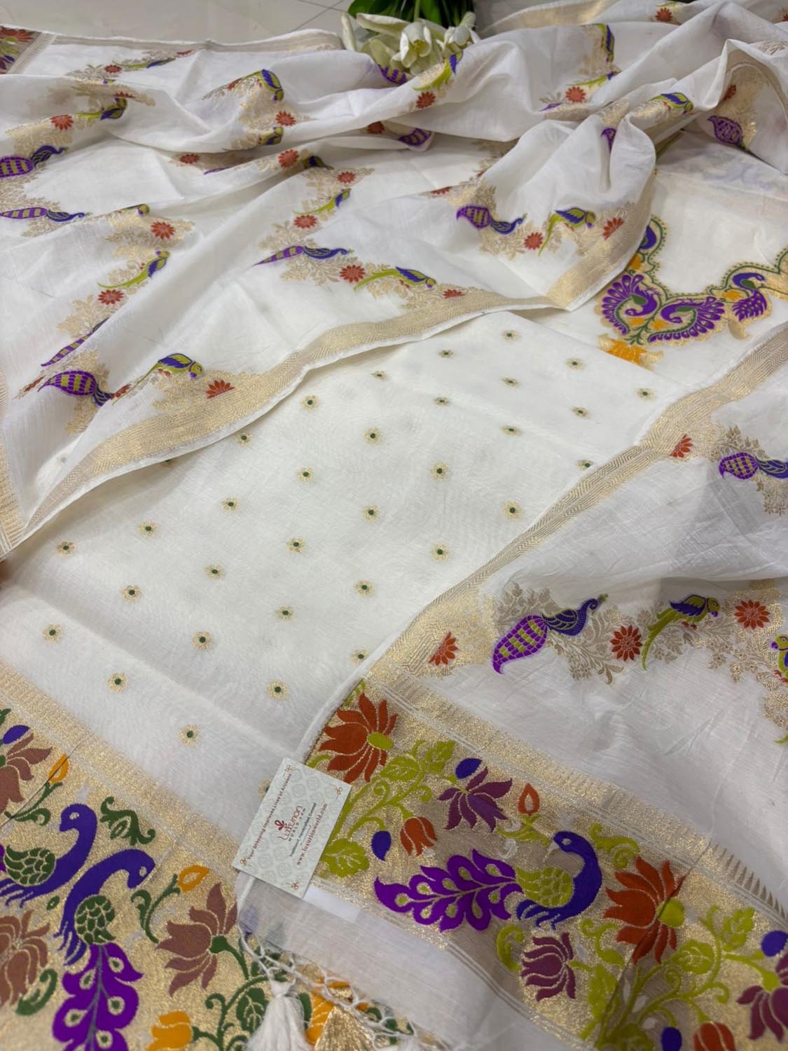 Dyeable Pure Cotton Banarasi Handloom Meenakari Unstitched Three Piece Suit Set - Luxurion World