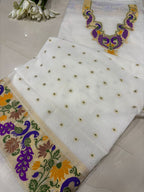 Dyeable Pure Cotton Banarasi Handloom Meenakari Unstitched Three Piece Suit Set - Luxurion World
