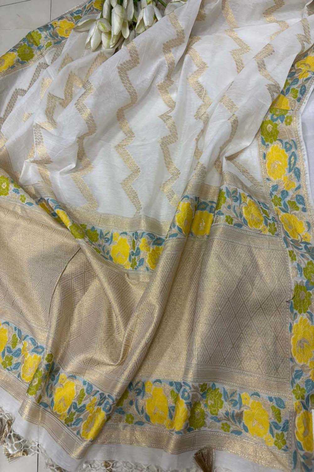 Dyeable Pure Cotton Banarasi Handloom Meenakari Unstitched Three Piece Suit Set - Luxurion World