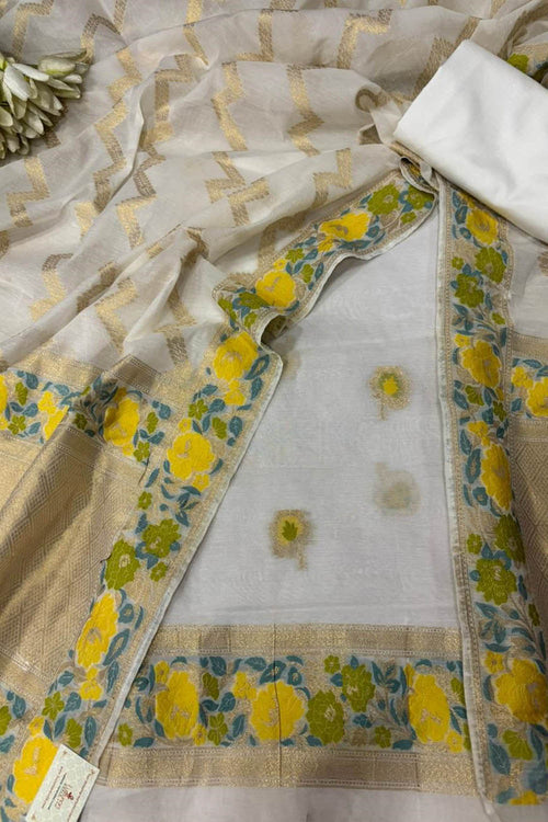 Dyeable Pure Cotton Banarasi Handloom Meenakari Unstitched Three Piece Suit Set - Luxurion World