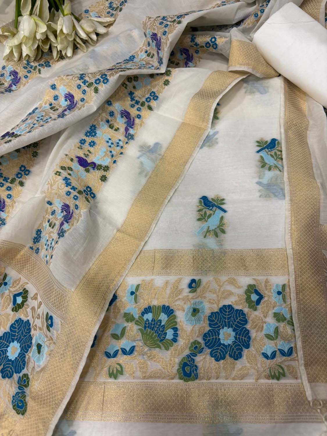 Dyeable Pure Cotton Banarasi Handloom Meenakari Unstitched Three Piece Suit Set - Luxurion World