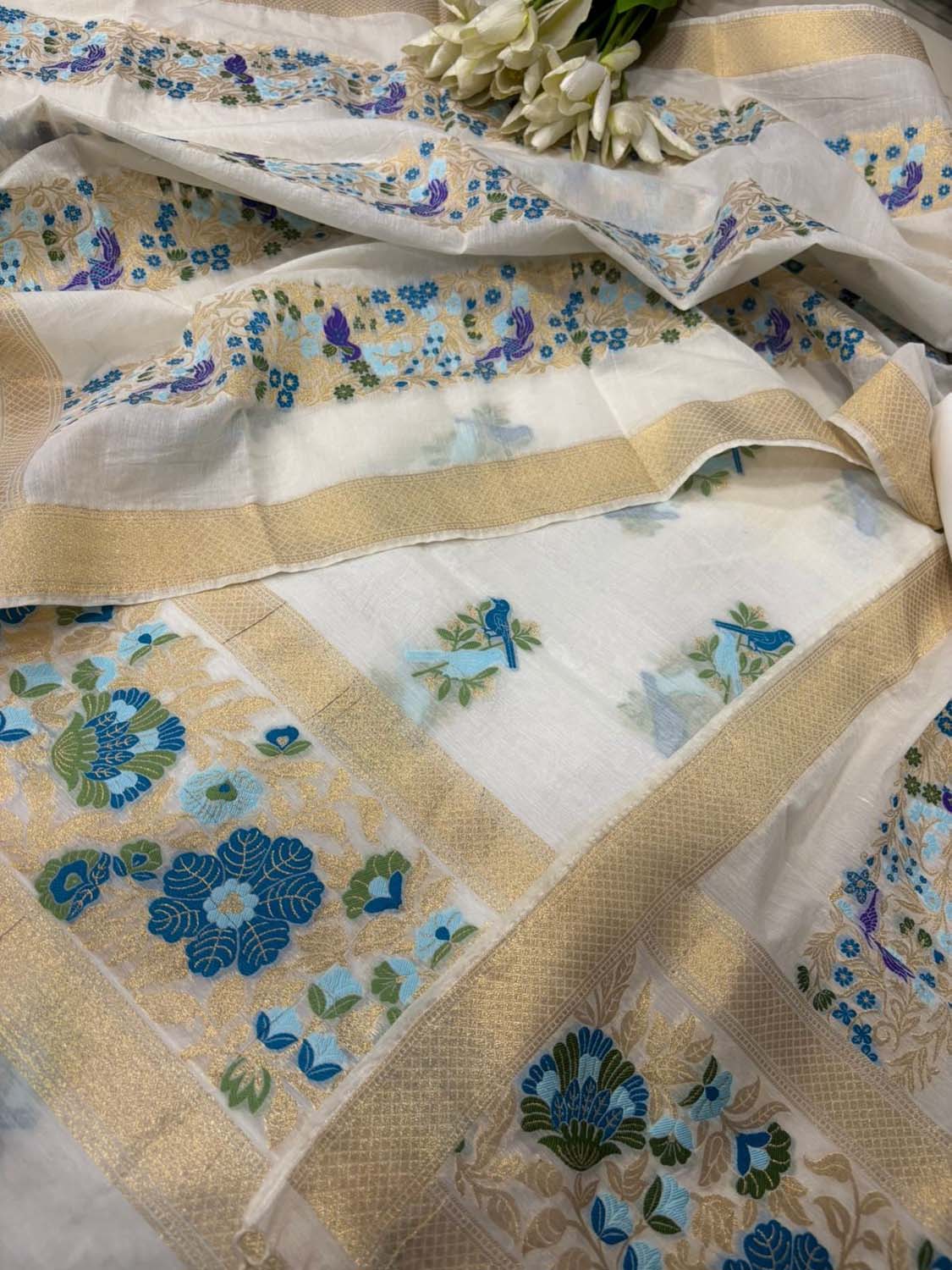 Dyeable Pure Cotton Banarasi Handloom Meenakari Unstitched Three Piece Suit Set - Luxurion World