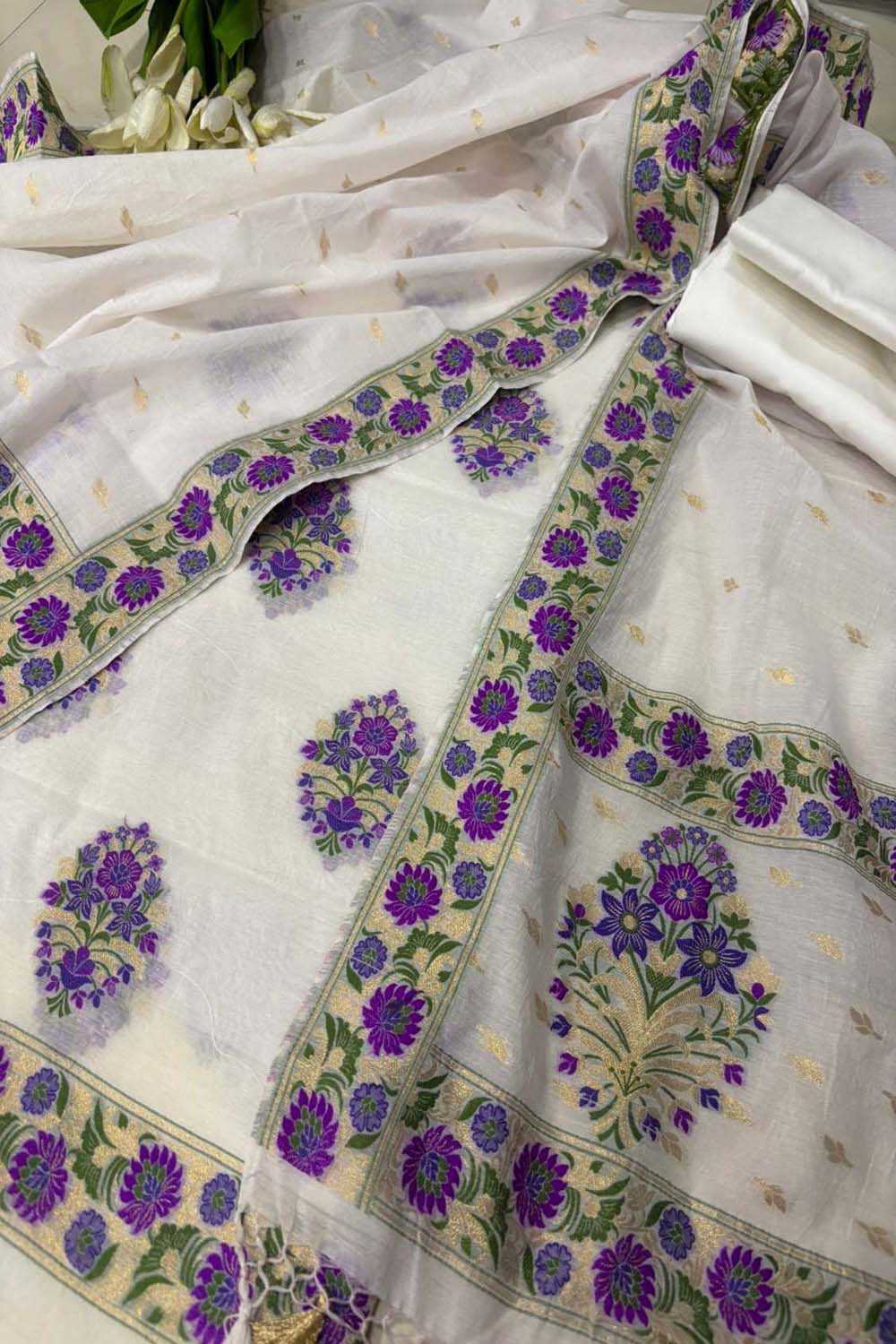 Dyeable Pure Cotton Banarasi Handloom Meenakari Unstitched Three Piece Suit Set - Luxurion World