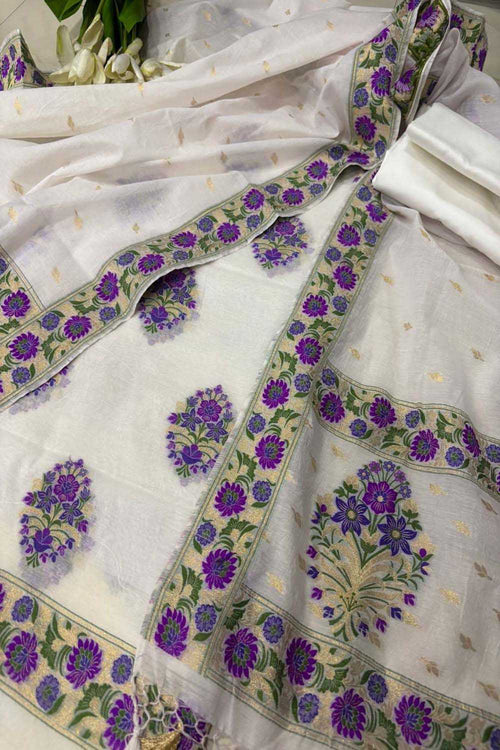 Dyeable Pure Cotton Banarasi Handloom Meenakari Unstitched Three Piece Suit Set - Luxurion World