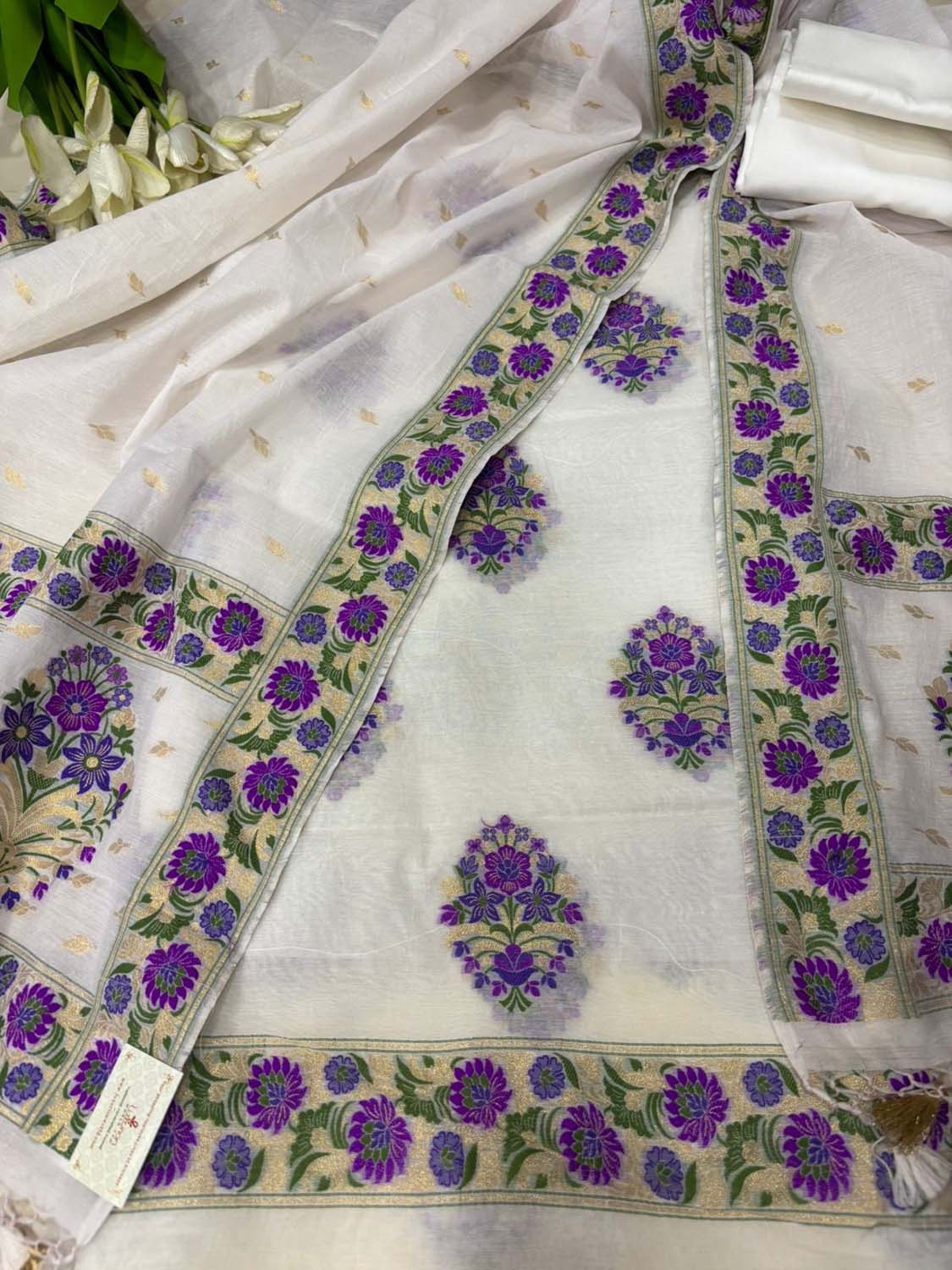 Dyeable Pure Cotton Banarasi Handloom Meenakari Unstitched Three Piece Suit Set - Luxurion World