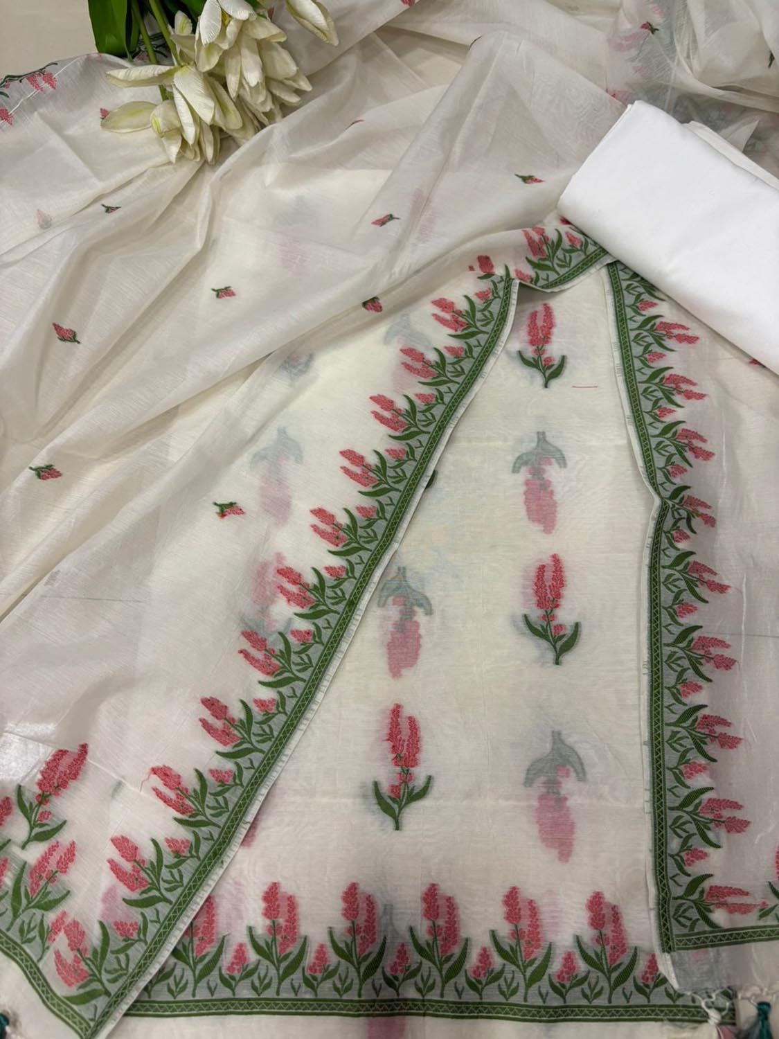 Dyeable Pure Cotton Banarasi Handloom Meenakari Unstitched Three Piece Suit Set - Luxurion World