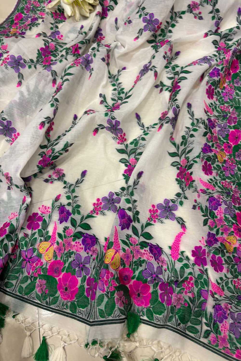 Dyeable Pure Cotton Banarasi Handloom Meenakari Unstitched Three Piece Suit Set - Luxurion World