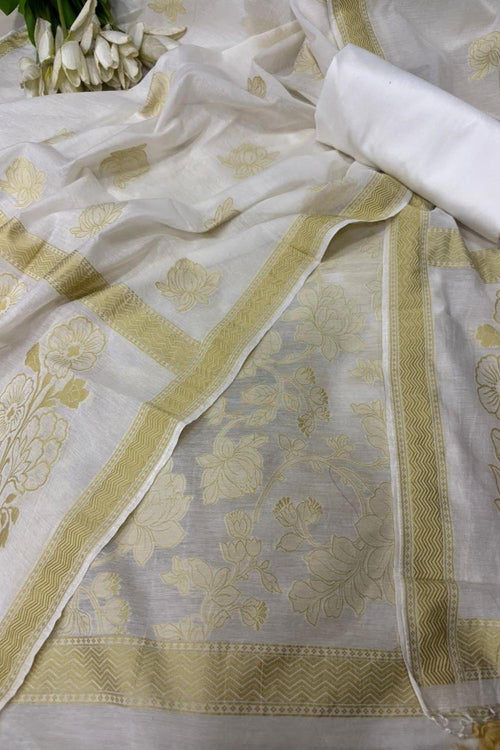 Dyeable Pure Cotton Banarasi Handloom Unstitched Three Piece Suit Set - Luxurion World