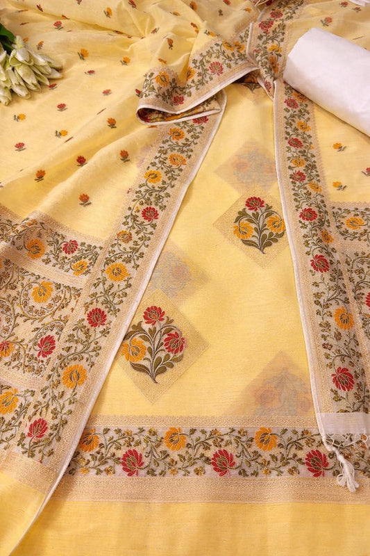 Yellow Pure Cotton Banarasi Handloom Meenakari Unstitched Three Piece Suit Set