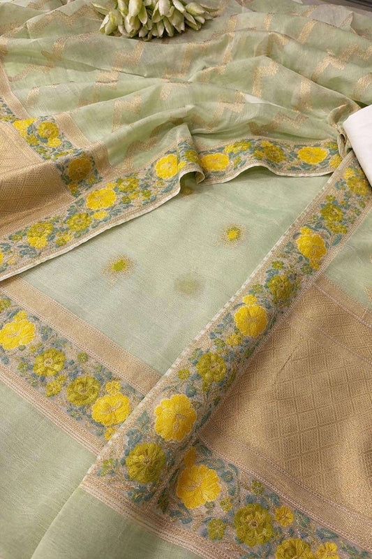 IS4B1RM126040302 Green Pure Cotton Banarasi Handloom Meenakari Unstitched Three Piece Suit Set Luxurion World- Crafted Heirlooms