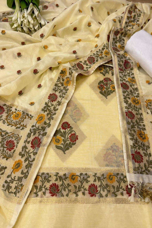 IS4B1RM126040303 Yellow Pure Cotton Banarasi Handloom Meenakari Unstitched Three Piece Suit Set Luxurion World- Crafted Heirlooms