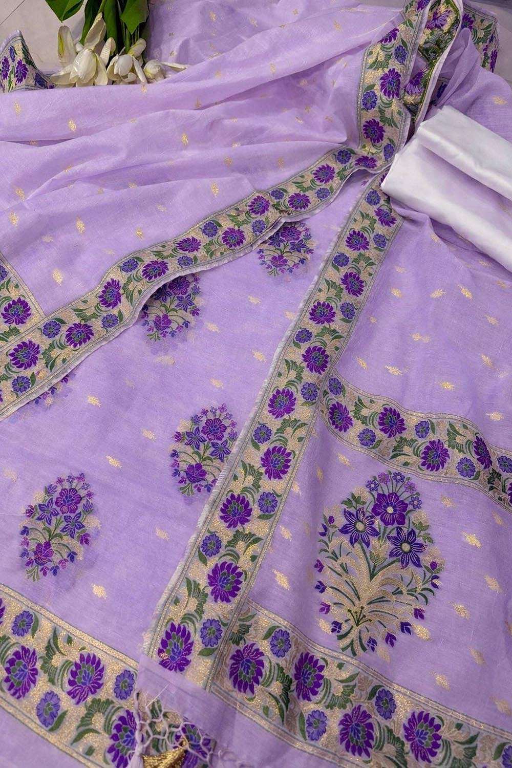 Exquisite Purple Pure Cotton Banarasi Handloom Meenakari Unstitched Three Piece Suit Set - Luxurion World