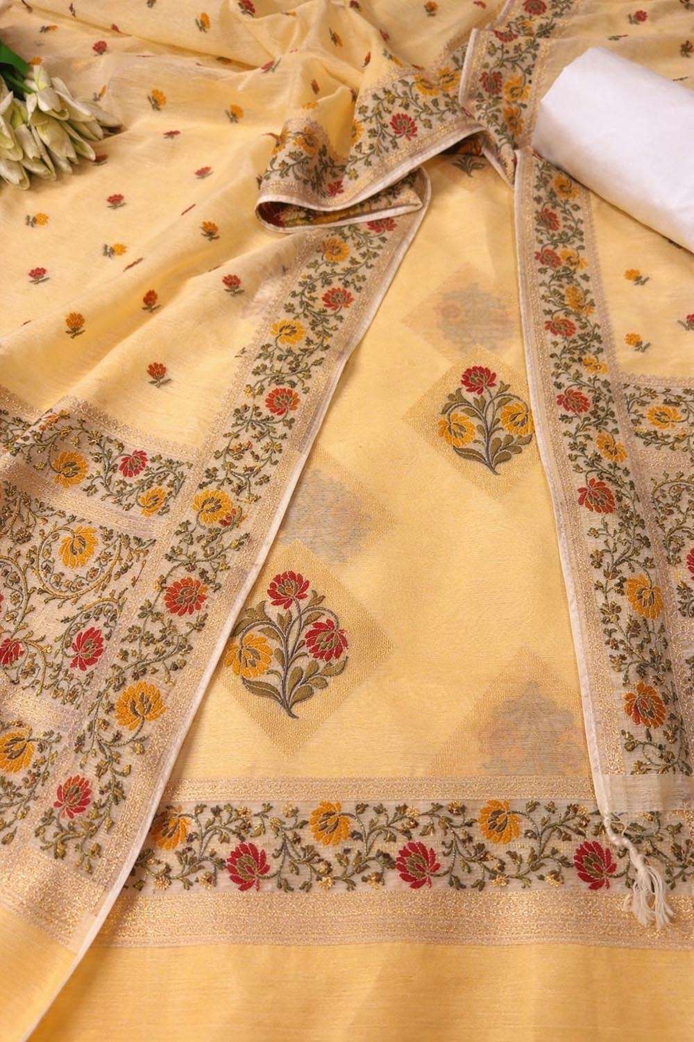 Yellow Pure Cotton Banarasi Handloom Meenakari Unstitched Three Piece Suit Set - Luxurion World