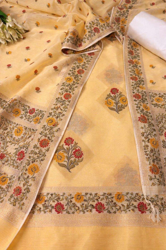 IS4B1RM126040305 Yellow Pure Cotton Banarasi Handloom Meenakari Unstitched Three Piece Suit Set Luxurion World- Crafted Heirlooms