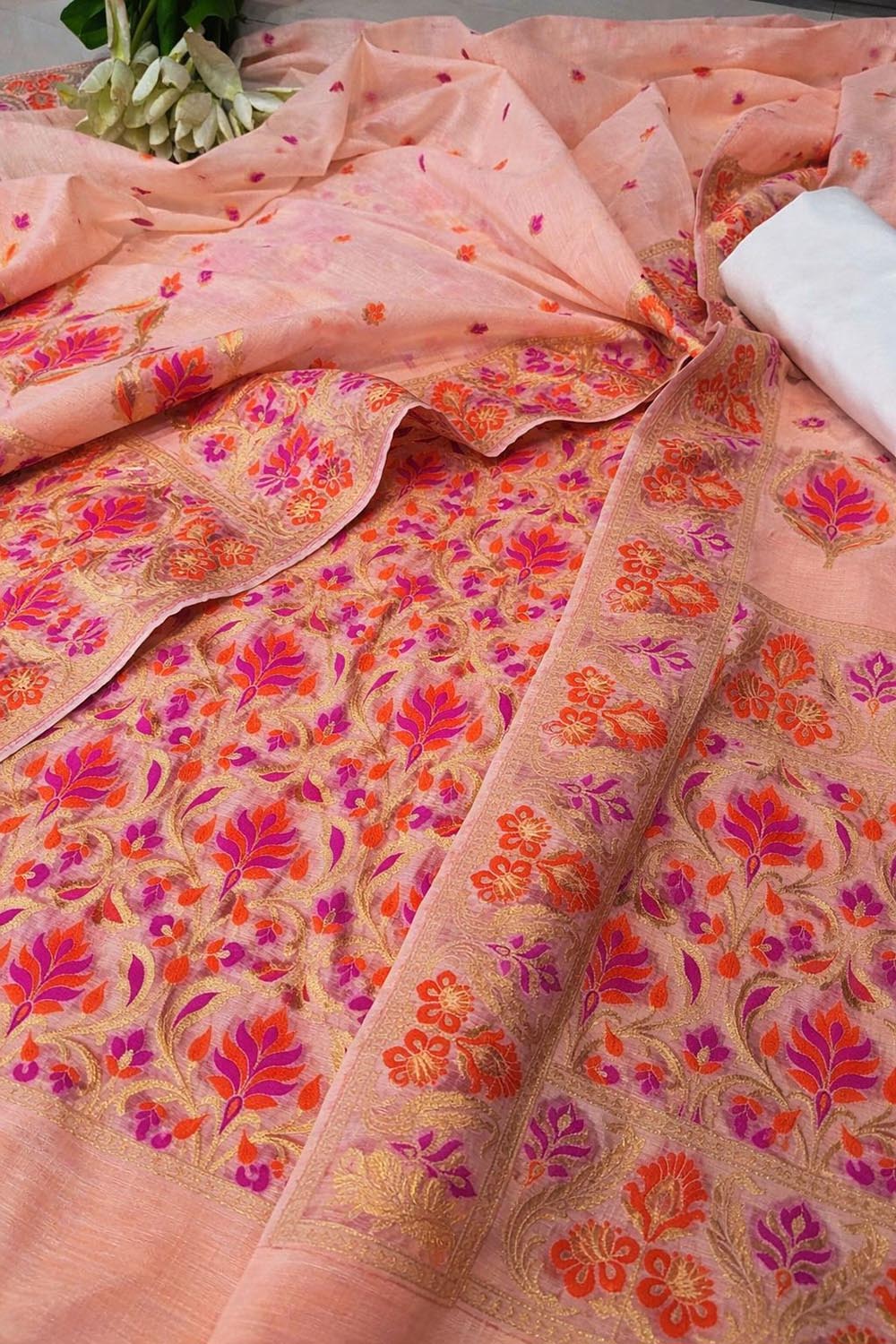 Peach Pure Cotton Banarasi Handloom Meenakari Unstitched Three Piece Suit Set - Luxurion World