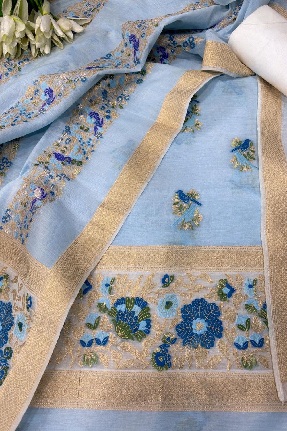 Blue Pure Cotton Banarasi Handloom Meenakari Unstitched Three Piece Suit Set - Luxurion World