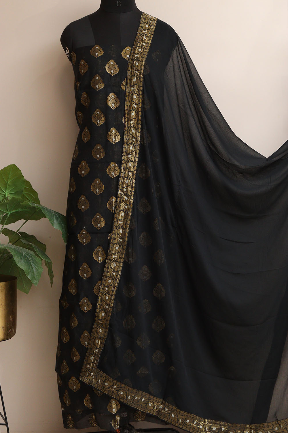 Stunning Black Banarasi Georgette Sona Roopa Suit Set - Unstitched - Luxurion World