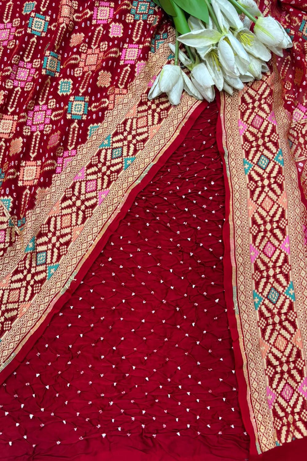 Red Bandhani Modal Silk Suit With Bandhani Pure Georgette Dupatta - Luxurion World