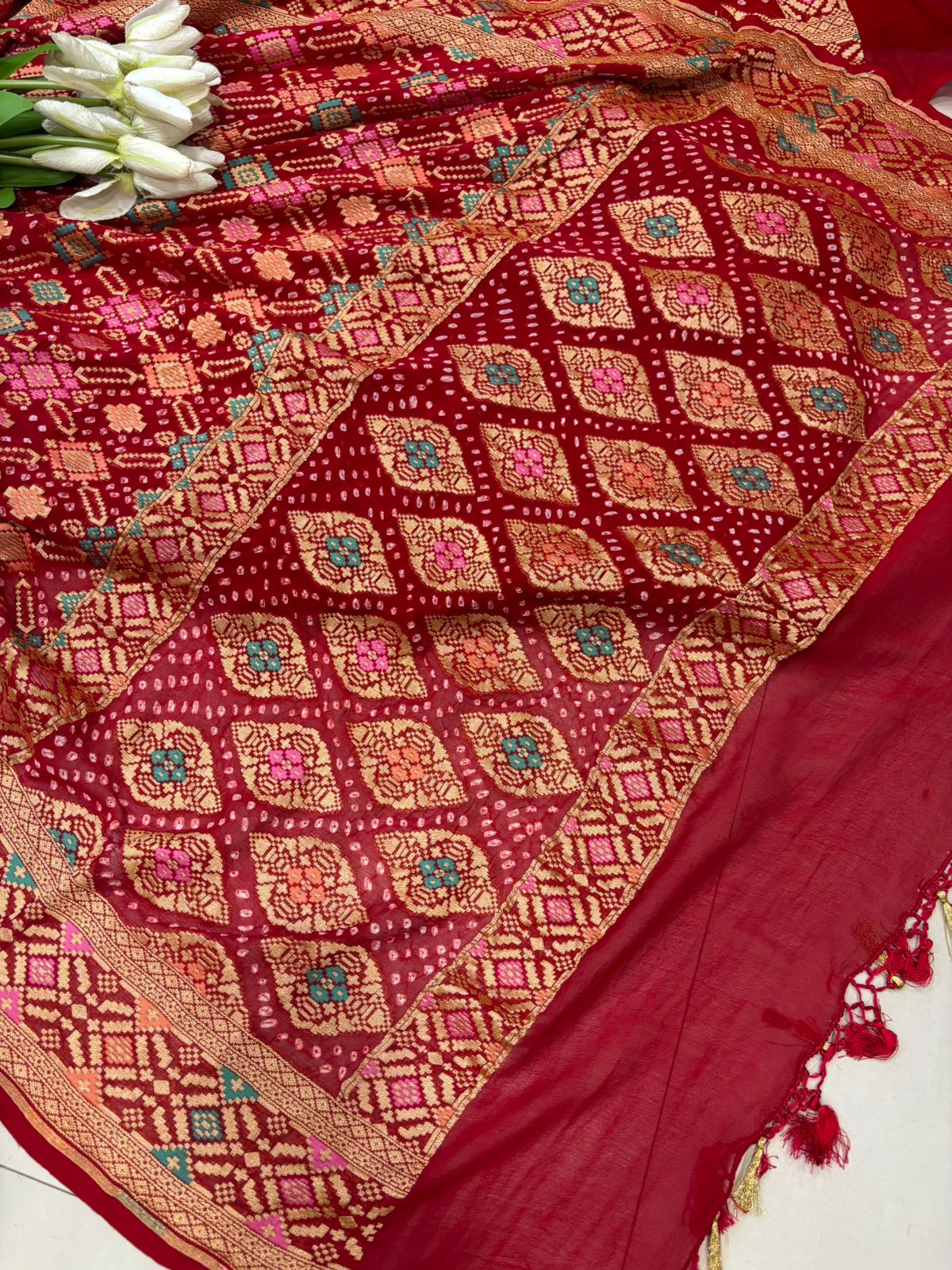 Red Bandhani Modal Silk Suit With Bandhani Pure Georgette Dupatta - Luxurion World