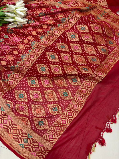 Red Bandhani Modal Silk Suit With Bandhani Pure Georgette Dupatta - Luxurion World