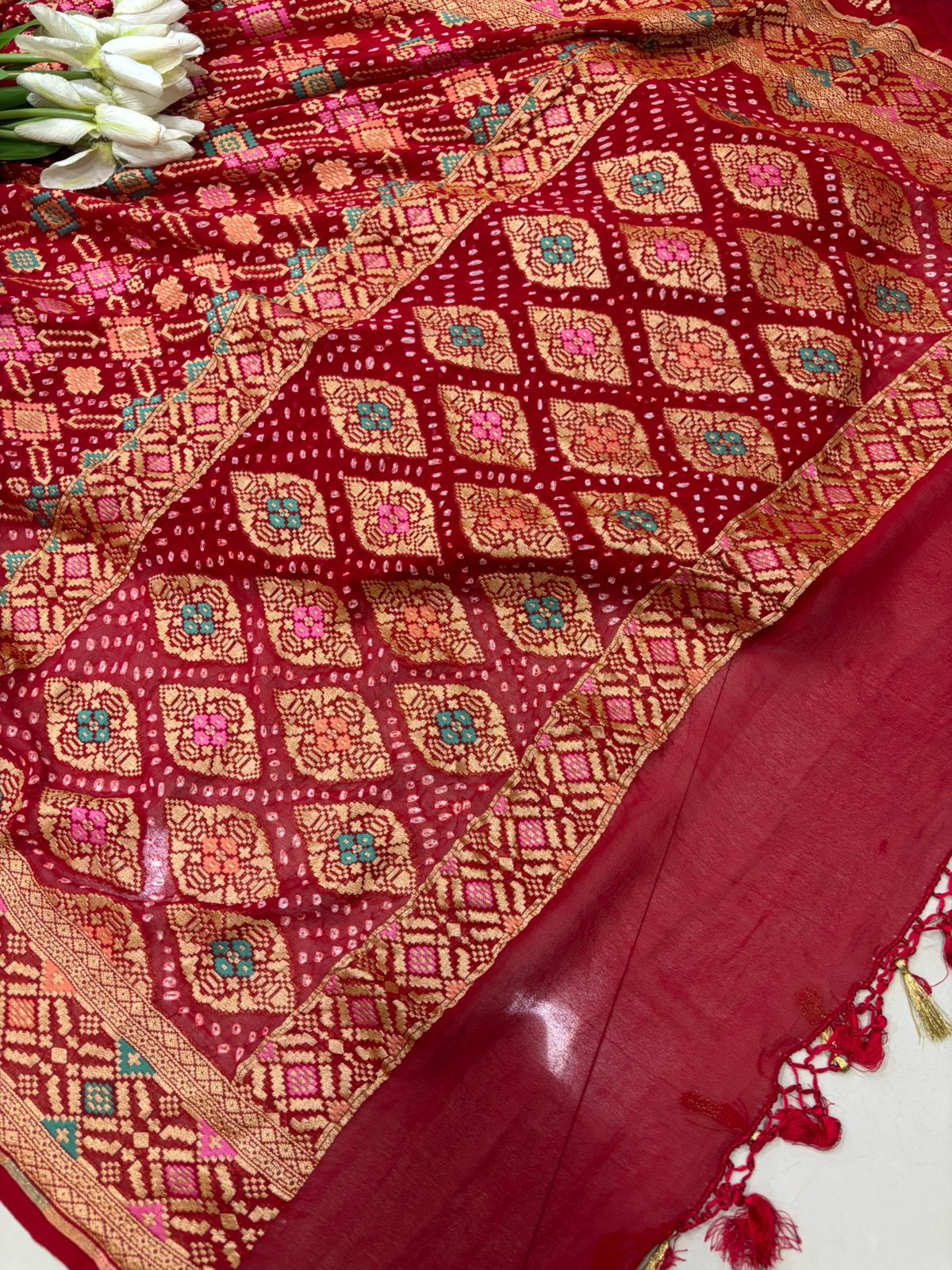 Red Bandhani Modal Silk Suit With Bandhani Pure Georgette Dupatta - Luxurion World